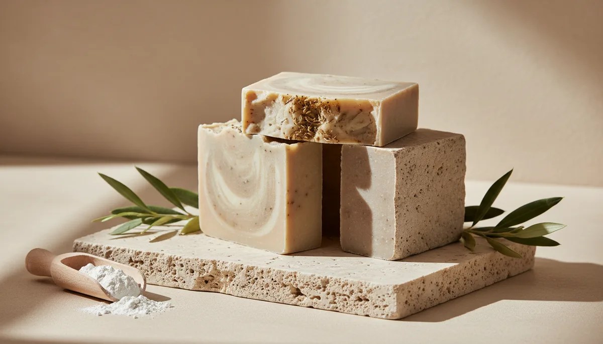 Savons naturels artisanaux posés près d'huiles végétales