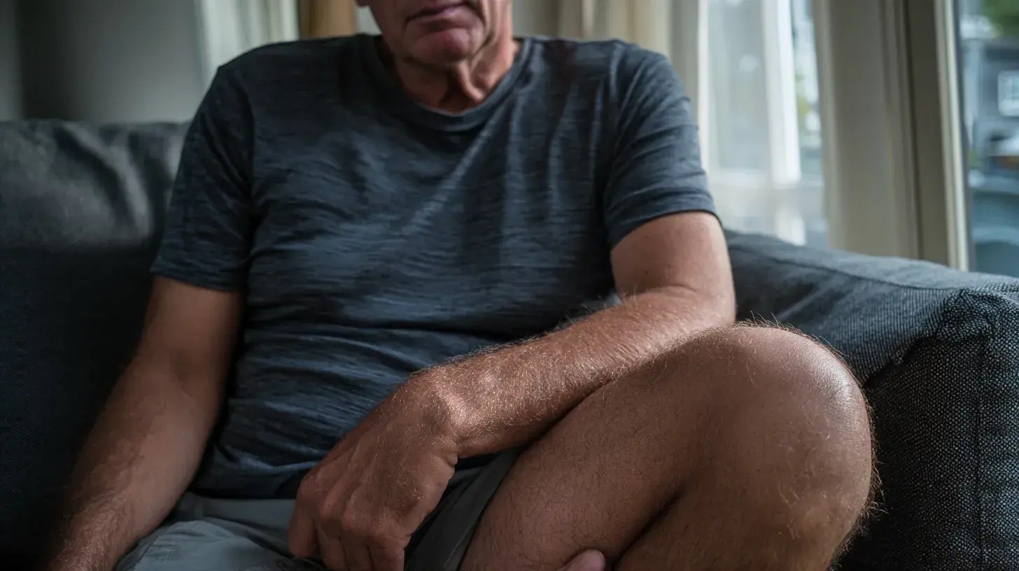 Personne qui marche en se tenant l'avant de la cuisse, douleur liée à une cruralgie